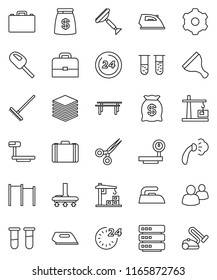 thin line vector icon set - scraper vector, vacuum cleaner, rake, iron, steaming, case, horizontal bar, big scales, group, vial, scissors, data, gear, construction crane, money bag, 24 hour