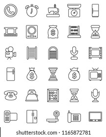 thin line vector icon set - washboard vector, kettle, alarm clock, abacus, money bag, sand, phone, big scales, film frame, video camera, microphone, classic, fridge, tv, kitchen, sewing machine