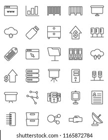 thin line vector icon set - presentation vector, archive, personal information, graph, dollar growth, binder, board, barcode, social media, network, server, folder, cloud exchange, big data, browser