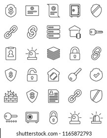 thin line vector icon set - certificate vector, personal information, dollar shield, safe, protected, link, big data, firewall, chain, lock, key, siren, unlock, smart home, password