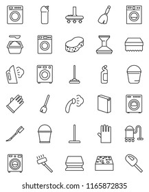 thin line vector icon set - broom vector, vacuum cleaner, mop, bucket, sponge, car fetlock, steaming, washer, washing powder, cleaning agent, rubber glove