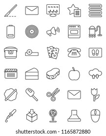 thin line vector icon set - vacuum cleaner vector, sponge, splotch, welcome mat, towel, cake, diet, breads, tulip, package, cinema clap, disk, loudspeaker, classic phone, battery, dropper, scissors