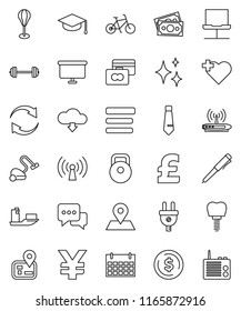 thin line vector icon set - vacuum cleaner vector, shining, graduate hat, pen, dollar coin, credit card, presentation board, tie, pound, yen sign, barbell, bike, weight, punching bag, calendar, ship