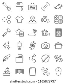 thin line vector icon set - water tap vector, shining, splotch, pan, ladle, meat hammer, cutting board, pen, microscope, presentation, t shirt, molecule, bone, map pin, document, big scales, barcode