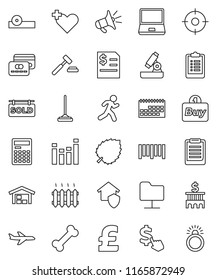 thin line vector icon set - mop vector, microscope, calculator, clipboard, leaf, auction, annual report, bank building, dollar cursor, pound, bone, run, plane, calendar, barcode, equalizer, barn