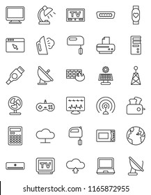thin line vector icon set - steaming vector, mixer, microwave oven, table lamp, calculator, heart monitor, earth, satellite antenna, tv, hdmi, diagnostic, cloud network, browser, firewall, upload