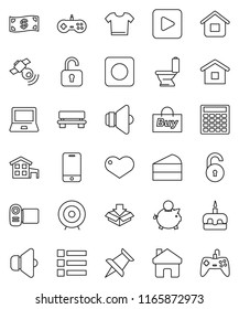 thin line vector icon set - toilet vector, cake, notebook pc, piggy bank, calculator, target, satellitie, speaker, mobile phone, heart, thumbtack, play button, rec, home, bench, unlock, cottage, buy