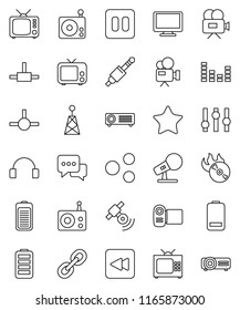 thin line vector icon set - music hit vector, microphone, radio, antenna, satellitie, tv, settings, equalizer, video camera, dialog, headphones, monitor, link, favorites, battery, pause button, jack