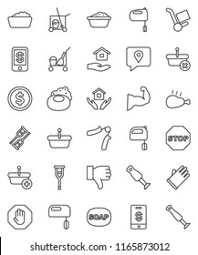 thin line vector icon set - soap vector, cleaner trolley, foam basin, rubber glove, house hold, mixer, blender, chicken leg, dollar coin, hand trainer, muscule, traking, finger down, crutches, stop