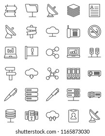 thin line vector icon set - pen vector, personal information, laptop graph, binder, no smoking, signpost, attention, satellite antenna, network, server, folder, cloud, exchange, big data, share