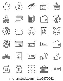 thin line vector icon set - school building vector, bank, dollar coin, gold ingot, credit card, wallet, money bag, piggy, investment, check, receipt, any currency, yen sign, reader