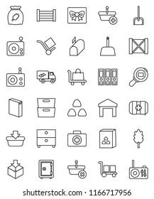 thin line vector icon set - scoop vector, washing powder, cereal, archive, binder, safe, first aid kit, wood box, cargo, warehouse, package, search, radio, relocation truck, mailbox, gift, basket