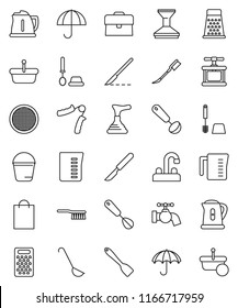 thin line vector icon set - plunger vector, fetlock, bucket, water tap, car, toilet brush, kettle, measuring cup, cook press, whisk, spatula, ladle, grater, sieve, case, hand trainer, umbrella