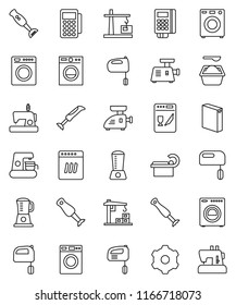 thin line vector icon set - washer vector, washing powder, mixer, blender, tomography, gear, construction crane, card reader, dishwasher, coffee maker, meat grinder, sewing machine