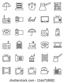 thin line vector icon set - washboard vector, kettle, hand mill, turk coffee, glasses, alarm clock, abacus, phone, umbrella, film frame, radio, tv, classic, video camera, sewing machine