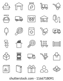 thin line vector icon set - washing powder vector, cereal, pasta, delivery, wood box, cargo, no trolley, hook, warehouse, package, search, pills bottle, drop counter, relocation truck, gift