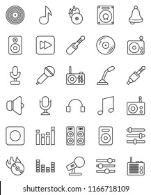 thin line vector icon set - bell vector, music, disk, hit, microphone, radio, speaker, equalizer, headphones, forward button, rec, jack