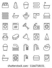 thin line vector icon set - soap vector, scraper, fetlock, bucket, sponge, towel, bath, drying clothes, washer, washing powder, shower, sink, dishwasher