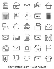 thin line vector icon set - calculator vector, flag, arrow up, dollar, document, equalizer, finger down, mail, stop button, browser, home, loading, house, buy, clothes