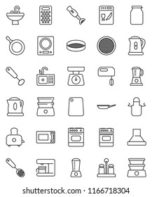 thin line vector icon set - sink vector, pan, kettle, scales, apron, whisk, skimmer, cutting board, grater, toaster, microwave oven, double boiler, spices, blender, sieve, jar, dishwasher, mixer