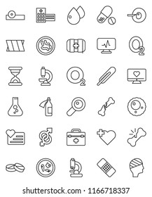 thin line vector icon set - flask vector, pills, heart monitor, cross, first aid kit, oxygen, doctor bag, thermometer, gender sign, magnifier, insemination, broken bone, sand clock, patch, eye hat