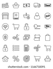 thin line vector icon set - cart vector, credit card, cash, sale, new, closed, shopping bag, percent, market, mall, customer, target, reader, basket, home, delivery, catalog, lock, unlock, coupon