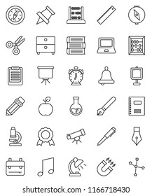 thin line vector icon set - book vector, copybook, pen, pencil, ruler, backpack, apple fruit, telescope, microscope, bell, table lamp, notebook pc, alarm clock, clipboard, paper pin, compass, medal
