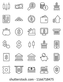 thin line vector icon set - bank vector, exchange, japanese candle, wallet, cash, piggy, dollar growth, coin stack, building, receipt, money search, medal, flag, monitor, cursor, any currency, sign