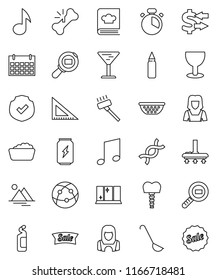 thin line vector icon set - vacuum cleaner vector, foam basin, cleaning agent, shining window, woman, colander, cook timer, ladle, cookbook, corner ruler, music, exchange, punching bag, energy drink