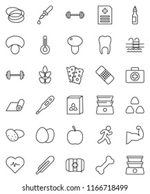 thin line vector icon set - double boiler vector, cereal, egg, mushroom, potato, oil, diet, barbell, heart pulse, muscule hand, fitness mat, cereals, breads, pool, first aid kit, bone, hoop, run