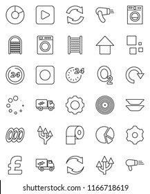 thin line vector icon set - washboard vector, toilet paper, plates, pie graph, arrow up, pound, oxygen, disk, play button, rec, gear, refresh, redo, loading, route, relocation truck, 24 hour, washer