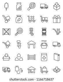 thin line vector icon set - washing powder vector, cereal, pasta, delivery, wood box, cargo, no trolley, hook, warehouse, package, search, pills bottle, drop counter, relocation truck, gift