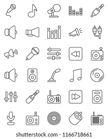 thin line vector icon set - music vector, disk, microphone, radio, speaker, loudspeaker, settings, equalizer, forward button, backward, rca, jack