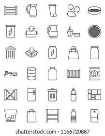 thin line vector icon set - trash bin vector, garbage pile, jug, sieve, jar, energy drink, water bottle, sea container, port, wood box, consolidated cargo, oil barrel, shelving, shopping bag, fridge