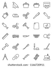thin line vector icon set - scraper vector, rake, car fetlock, toilet brush, rubber glove, pan, colander, whisk, rolling pin, meat hammer, cutting board, blender, ruler, drawing compass, pen, coupon