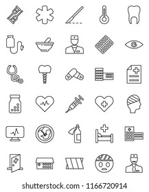 thin line vector icon set - school building vector, ambulance star, heart pulse, cross, doctor, thermometer, eye, pregnancy, syringe, crutches, scalpel, stethoscope, pills, bottle, blister, mortar