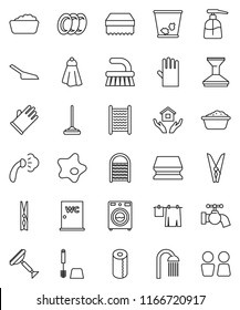 thin line vector icon set - scraper vector, fetlock, mop, scoop, clothespin, sponge, towel, trash bin, water tap, car, splotch, steaming, drying clothes, toilet brush, washer, foam basin, washboard