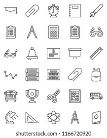 thin line vector icon set - book vector, copybook, graduate hat, pen, corner ruler, drawing compass, glasses, backpack, atom, bell, table lamp, calculator, alarm clock, schedule, award cup, scissors