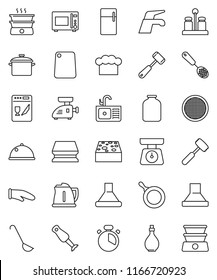 thin line vector icon set - water tap vector, sponge, sink, pan, kettle, oil, scales, cook hat, glove, timer, skimmer, ladle, meat hammer, cutting board, microwave oven, spices, blender, sieve, dish