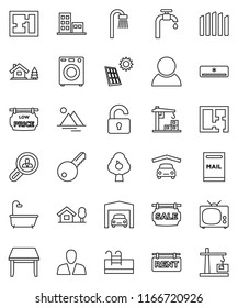 thin line vector icon set - chalet vector, pool, mailbox, solar panel, water supply, fruit tree, mountain, garage, fence, plan, sale signboard, rent, low price, apartments, client search, consumer