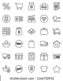 thin line vector icon set - cart vector, receipt, gift, dollar coin, wallet, money bag, sale, new, shopping, percent, market, buy, card reader, cashbox, basket, home, list, calculator, trolley, star