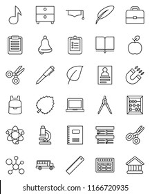 thin line vector icon set - book vector, copybook, graduate hat, pen, ruler, drawing compass, case, backpack, apple fruit, atom, microscope, bell, notebook pc, schedule, clipboard, magnet, scissors