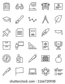 thin line vector icon set - copybook vector, graduate hat, pen, blackboard, corner ruler, drawing compass, glasses, student, apple fruit, atom, table lamp, notebook pc, schedule, clipboard, document