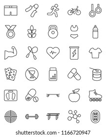 thin line vector icon set - diet vector, barbell, scales, heart pulse, pills vial, bike, weight, jump rope, hand trainer, horizontal bar, muscule, shorts, swimsuite, t shirt, roller Skates, target