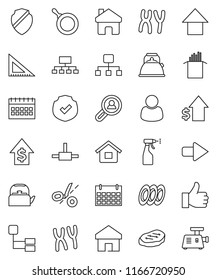 thin line vector icon set - sprayer vector, pan, kettle, plates, pasta, steak, corner ruler, dollar growth, arrow up, hierarchy, calendar, protected, finger, chromosomes, connect, shield, home