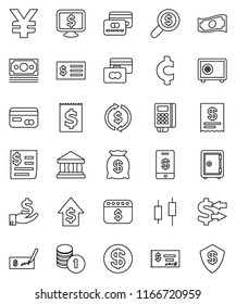 thin line vector icon set - bank vector, exchange, japanese candle, credit card, cash, investment, dollar growth, coin stack, check, receipt, money search, safe, calendar, monitor, yen sign, cent