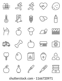 thin line vector icon set - oil vector, cereal, egg, mushroom, potato, apple fruit, diet, heart pulse, buttocks, water bottle, fitness mat, cereals, breads, pool, first aid kit, bone, run, dropper