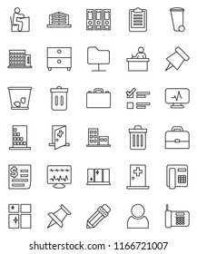 thin line vector icon set - trash bin vector, shining window, pencil, student, case, paper pin, archive, exam, binder, clipboard, receipt, thumbtack, diagnostic monitor, medical room, network folder