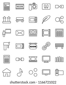 thin line vector icon set - welcome mat vector, microwave oven, pen, blackboard, calculator, music, money, top sign, film frame, monitor, link, mail, share, home, bench, connection, water supply