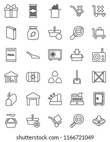 thin line vector icon set - scoop vector, washing powder, cereal, pasta, safe, first aid kit, wood box, cargo, no trolley, warehouse, search, radio, mailbox, gift, cashbox, basket, package